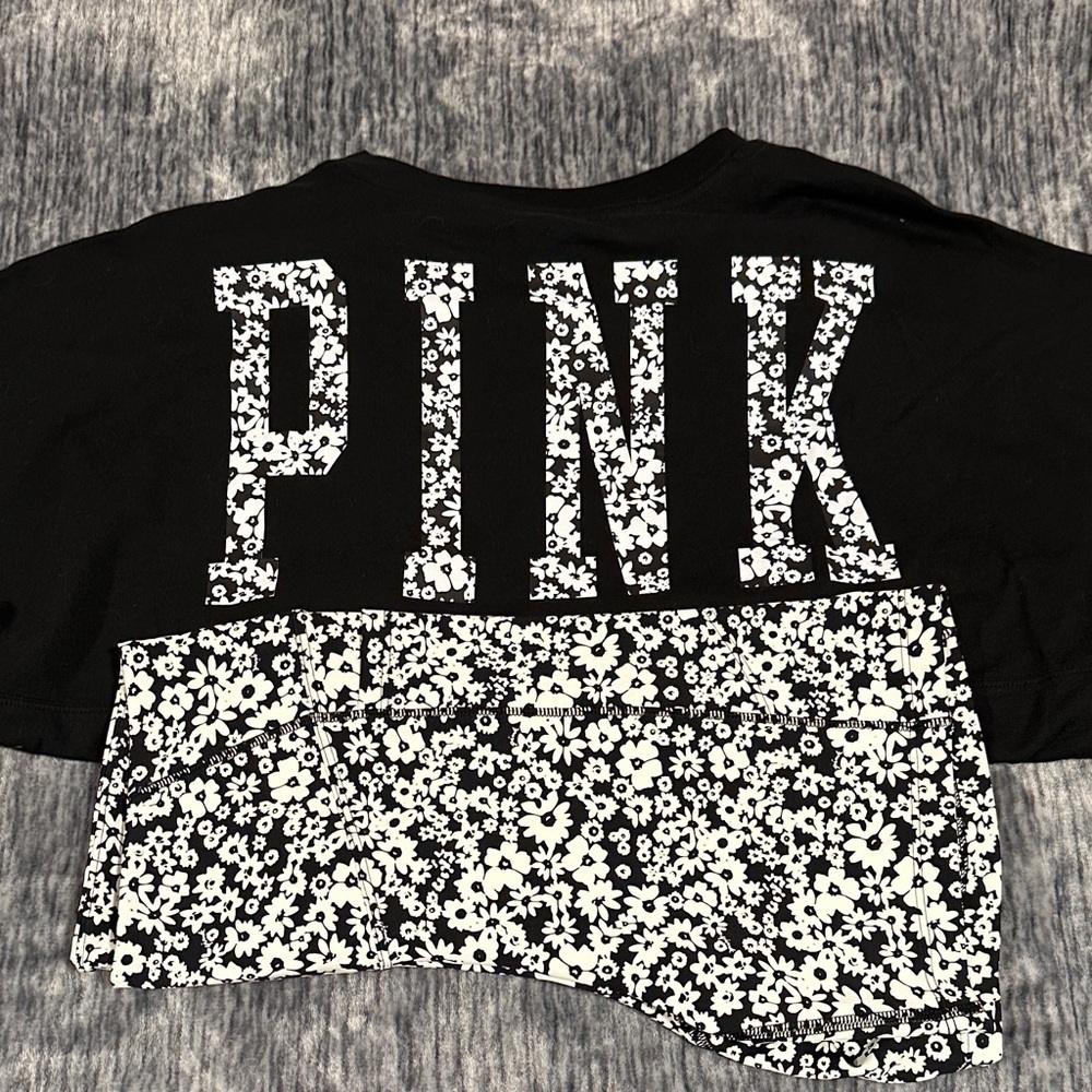 PINK Victoria's Secret Black Short Sleeve Tee with White Floral Design - Picture 2 of 12